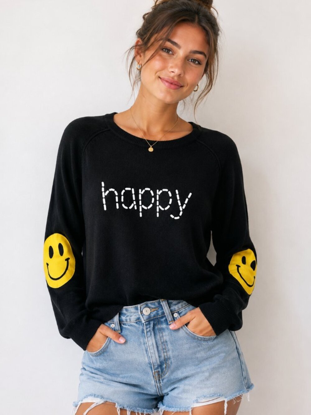 HipChik Couture Happy Knit Top Sweater Size Small Black Smiley Face Smile